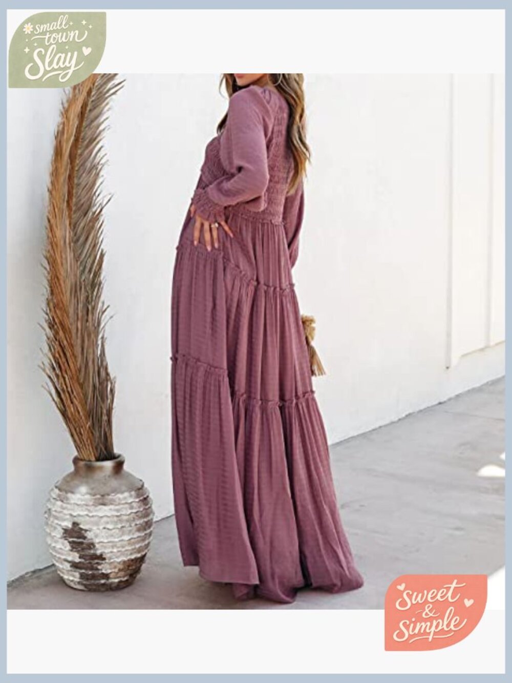Flowy Maxi Dress Long Sleeve V Neck Empire Waist Ruffle Boho Casual - Picture 3 of 7